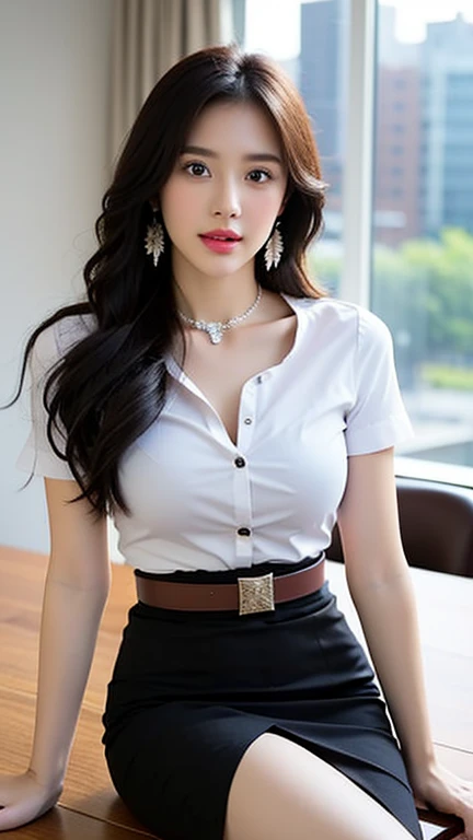 (High resolution 8K) Masterpiece, Highest quality, Realistic as a photo. ((middle chest)) hair in one eye, purple eyes, very big hoop earrings, sharp eyes, Diamond choker, red gemstone necklace. (symmetrical eyes) (The body is perfectly symmetrical.. ), Photo of a beautiful 27 year old girl, Photo looking up from the front of the leg..,(fit the body), ((Sitting at a table in an office on the 30th floor, Next to the large glass window overlooking the city..)), (black short skirt), (University outfit), (( The young woman wore a tight-fitting white short-sleeved shirt.., The buttons are unbuttoned., Open your chest deep and wide.)) ((Black short pencil skirt The skirt has deep slits at the front of the legs..)), belt, bob, long hair, side bangs, blonde hair, eyelidสองชั้น, sharp eyeliner, eyelid, Blush and thick eyelashes. Very delicate and beautiful. round chin. Sharp focus.. elegant. Turn your head., open your legs, Lift your right leg over your left leg.. Sit with your legs naturally spread apart., By separating your legs., dynamic gesture.((big breasts)) Medium milk