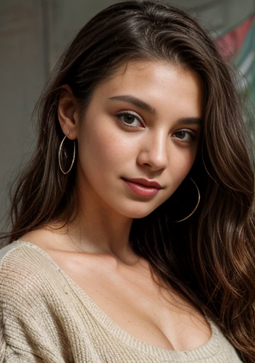 Closup shot of  A brown eye young woman with long dark hair and brown eyes is looking at the camera with a slight smile. She is wearing a grey sweater and has a silver nose ring and earrings. The background is a blurry red. The image has a soft, natural feel to it.[young woman, portrait, looking at camera, slight smile, grey sweater, silver nose ring and earrings, blurry red background, soft, natural feel], [art, realistic, photorealistic, detailed], [85mm lens, natural lighting, soft colors, shallow depth of field, smooth skin, clear eyes]