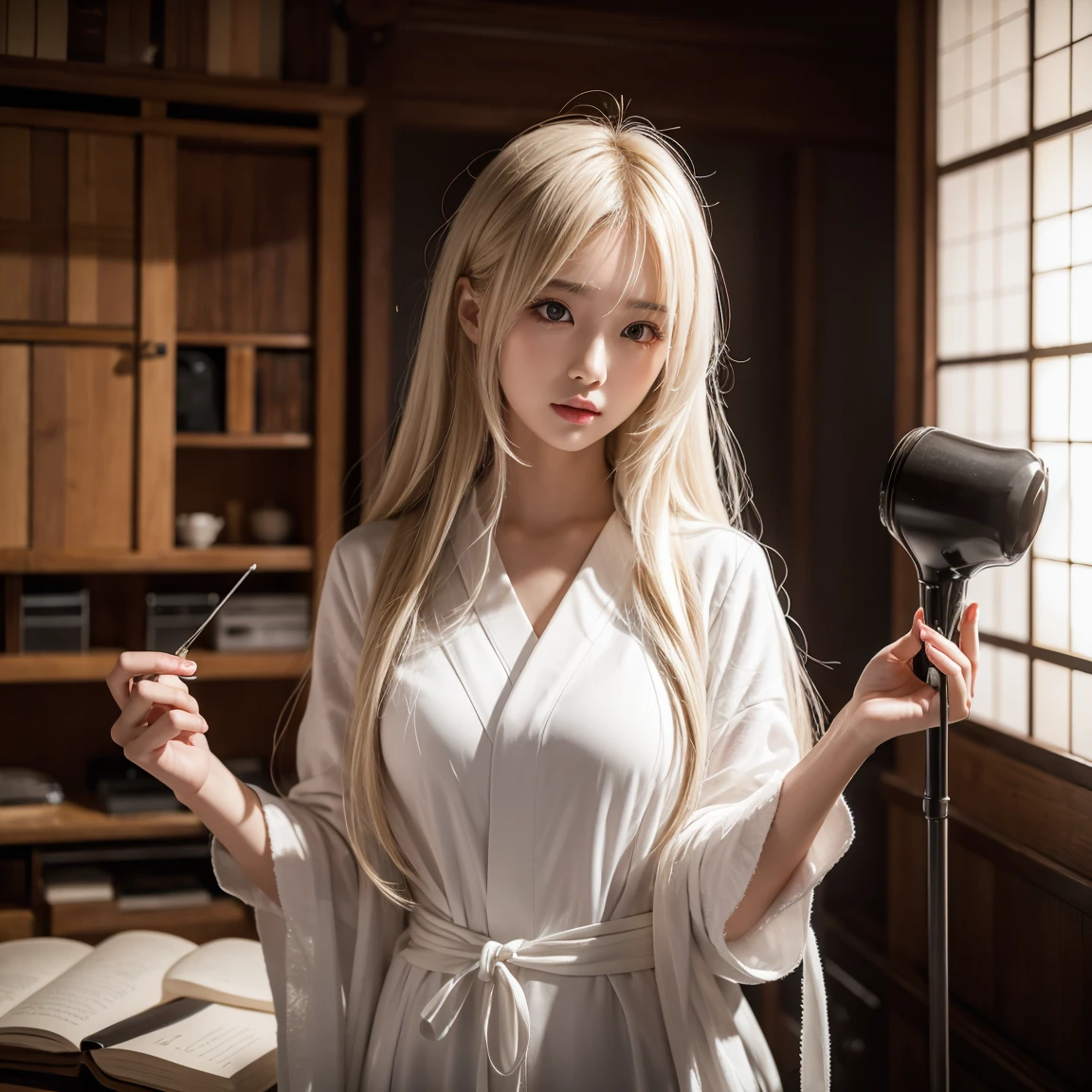 White, mad scientist, Japanese, Beautiful woman, Long blonde,