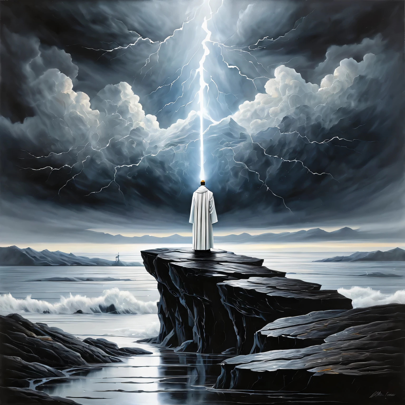 ((Liquid Metal Art)), the painting is painted with liquid metal on textured paper and depicts a beautiful minimalistic landscape with a White Priest of Light standing on a lonely rock, Liquid Metal White Priest of Light looks ominous and gloomy, in the background a gloomy sky with clouds and lightning, the painting is made of liquid metal, Metal, the work of a master, clear contours, 32 carats