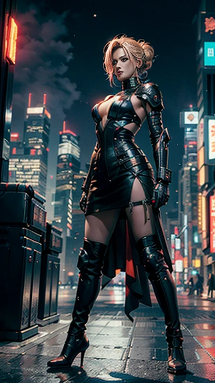 8k, Realistic, Charm, Very detailed, sexy and Charmな、A female warrior in shiny red armor、Blonde updo、Knee Boots、Holding a long sword、Strength and charisma. Cyberpunk style city night view, She is standing on a street lined with skyscrapers. The night view of the city is bright, Add a touch of futuristic technology. The surrounding buildings and streets are full of cyberpunk elements, Neon lights etc., High-tech equipment and futuristic architectural design. The whole scene is filled with a futuristic, sci-fi feel.. This high resolution, High quality images bring you great visual enjoyment, Sexy combination, Futuristic and sci-fi elements. OC Rendering, Dramatic lighting, Award-winning quality