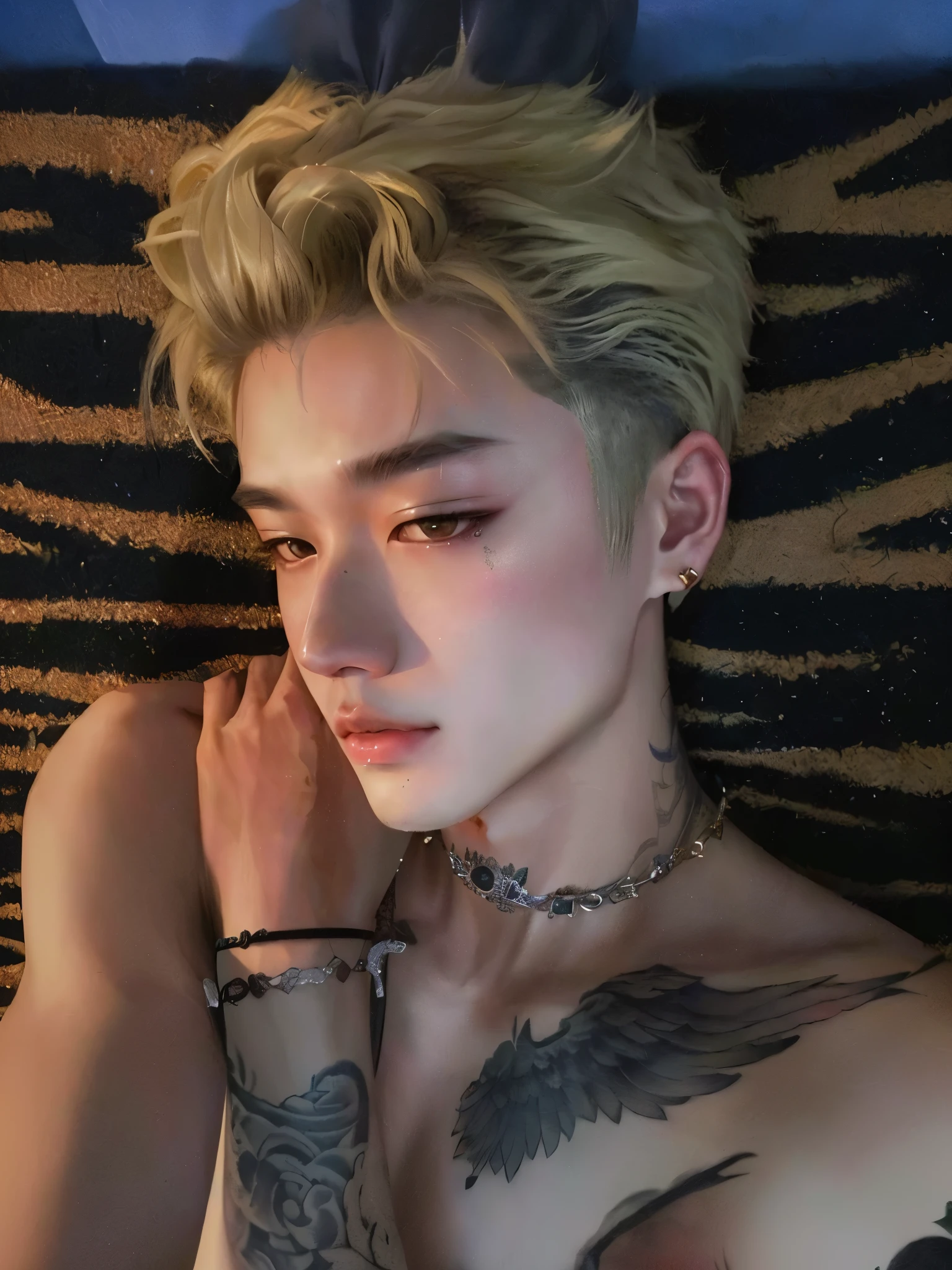 a close-up of a person with tattoos on their arms, Cai Xukun, Jinyoung Shin, hyung tae, Hsiao-ron, taejune kim, Kim Doyoung, peep, dez lee, muito tempo, Hong junho hyung, Jinyoung Shin aesthetic, Inspirado por Bian Shoumin, Gargantilha, wearing Gargantilha, inspirado em jeonseok lee, Yanjun Chengt, Park jimin, Jimin