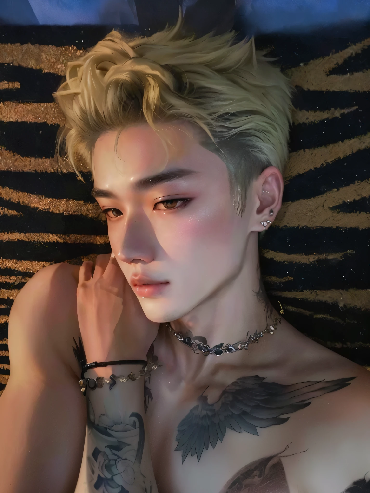 a close-up of a person with tattoos on their arms, Cai Xukun, Jinyoung Shin, hyung tae, Hsiao-ron, taejune kim, Kim Doyoung, peep, dez lee, muito tempo, Hong junho hyung, Jinyoung Shin aesthetic, Inspirado por Bian Shoumin, Gargantilha, wearing Gargantilha, inspirado em jeonseok lee, Yanjun Chengt, Park jimin, Jimin