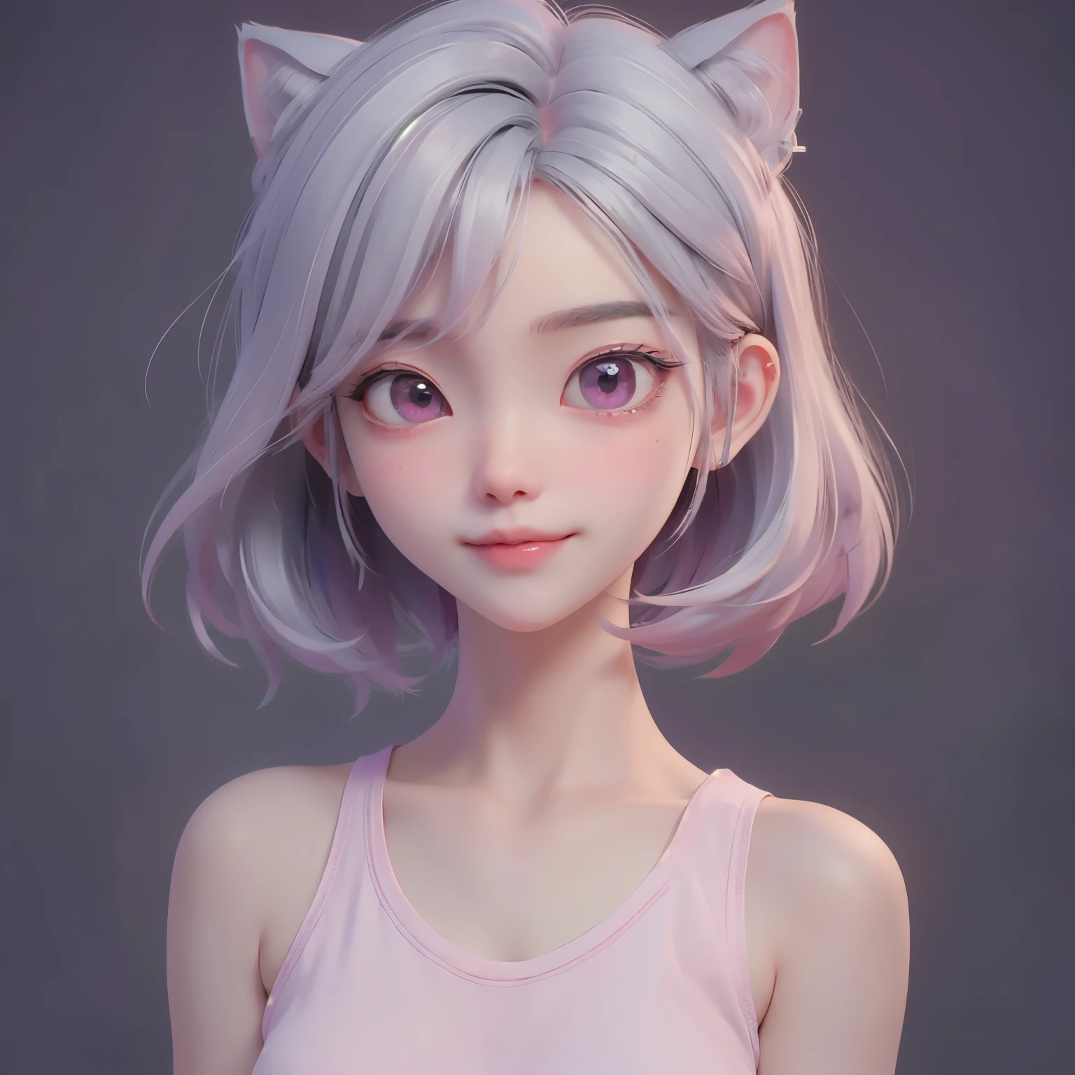 ((best quality)), ((masterpiece)), (detailed), perfect face. White hair. Short hair. Anime girl. Pink eyes. Nekomimi. Smile. Pink tanktop. Armpit.
