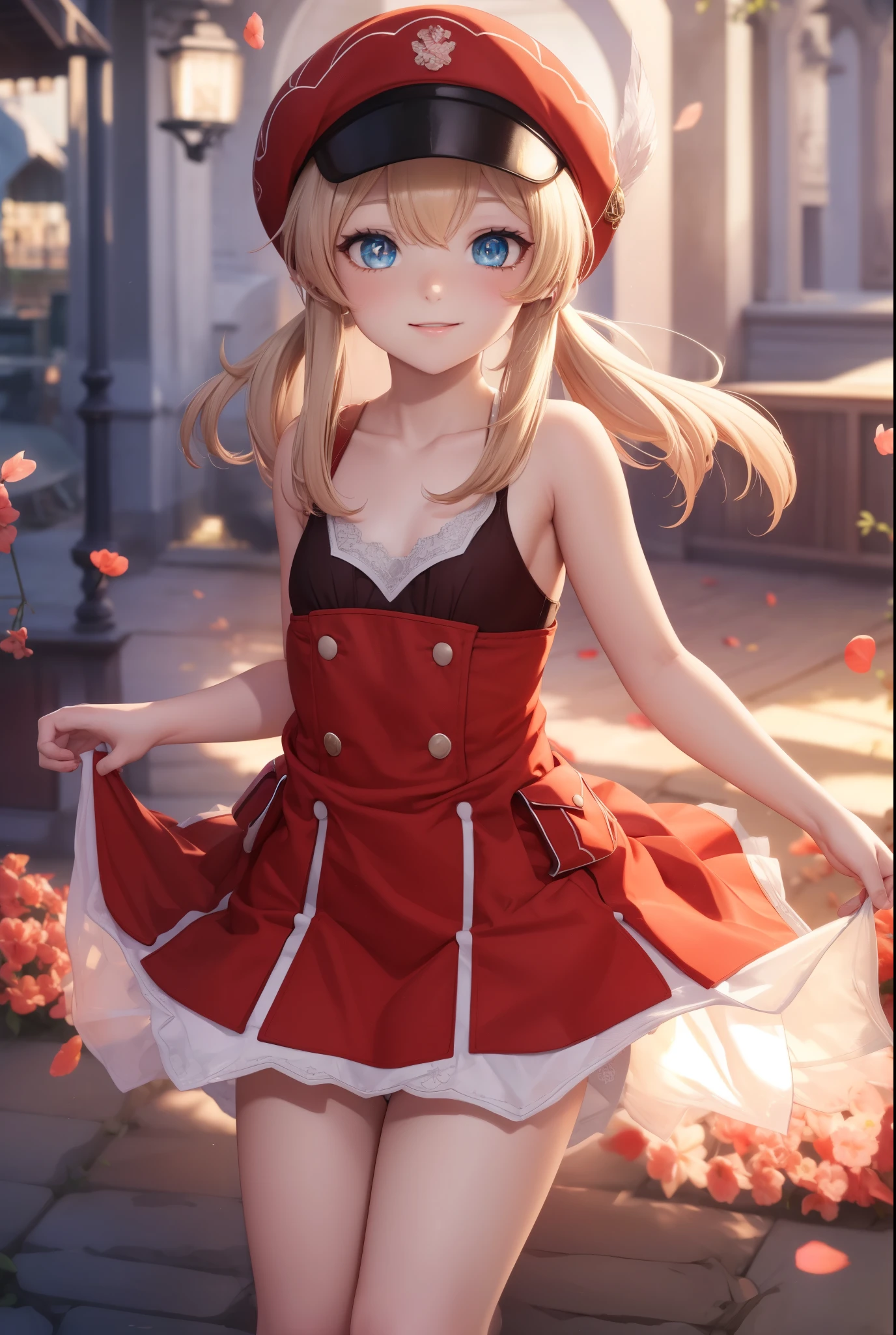 clay, blush, smile, Usual clothes, Red clothes, Red Hat, Combat Uniform, Primary school students, The back is very smal, Lolita, Small breasts, Show me your armpits, exterior: 14 years old, Shoulder Bare, The clavicle is visible, Sexy thighs, Beautiful feet, Usual hairstyle, highest quality, High resolution, unity 8k wallpaper, (shape:0.8), (Beautiful and beautiful eyes:1.6), Highly detailed face, Perfect lighting, Extremely detailed CG, (Perfect hands, Perfect Anatomy),