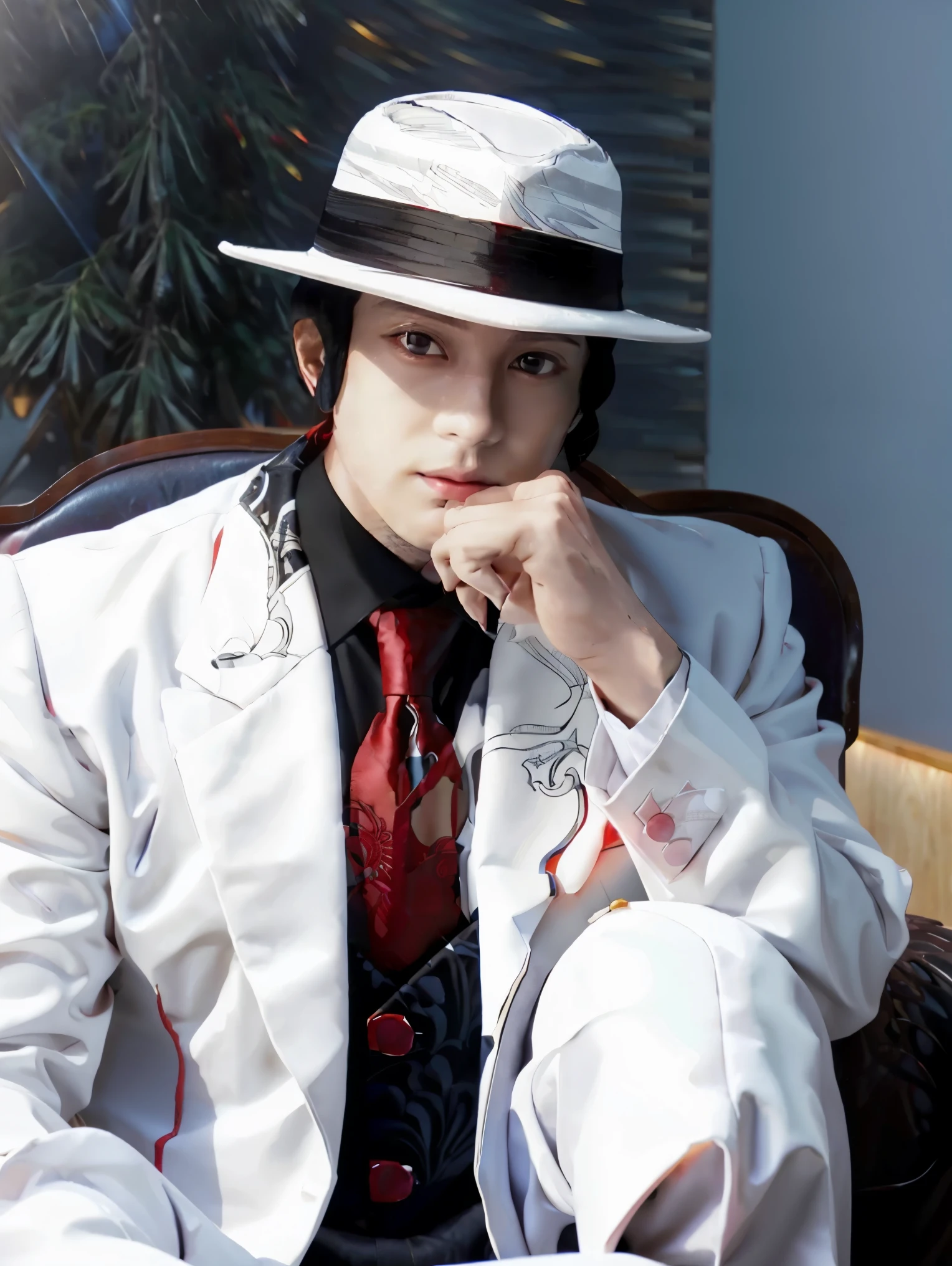 MuzanMale, 1boy, red eyes, male focus, formal, black suit, white necktie, white fedora(masterpiece:1.2, best quality), MuzanMale, 1boy, male focus, solo, sitting, hat, red eyes, formal, suit, black hair, chair, looking at viewer, white fedora, cinematic lighting, demonic, red particles, detailed background, complex structures, destroyed houses, hyperdetailed sharp face, dynamic pose