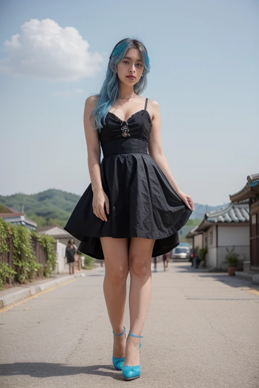 ((best quality)), ((masterpiece)), (Korean girl), perfect face, pretty and attractive with full
 blue hairs, Korean girl, sky blue colour hairs wearing Black dress with high heels and big , blue colour hairs, 4k, hyper realistic, shot on sony Alfa camera 