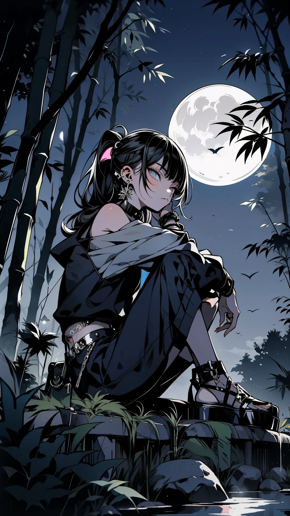thin outlines, anime style, cool and edgy, fashionable, posing, colorful, confident, expression, accessory, coiled, around, stylish, striking, modern, fashion, An adolescent sitting on a rock in a bamboo forest, gazing at the full moon, calm movie scene, tranquil, dappled moonlight, detailed textures, misty air, ethereal atmosphere.