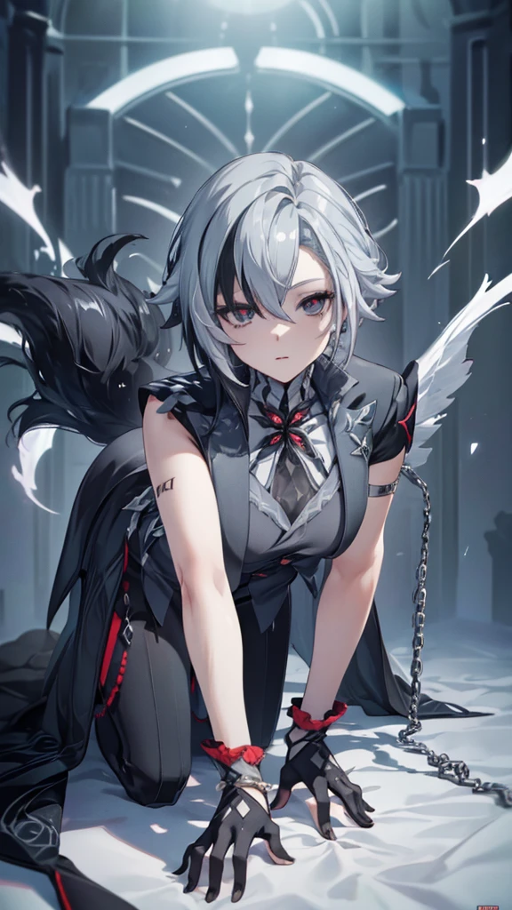 (masterpiece, top quality, best quality, official art, beautiful and aesthetic:1.2),(8k, best quality, masterpiece:1.2), (((masterpiece))),(((best quality))),(((extremely detailed))),illustration,who, (masterpiece, top quality, best quality, official art, beautiful and aesthetic:1.2),(8k, best quality, masterpiece:1.2), 1girl, arlecchino \(genshin impact\), (x-shaped eyes, symbol shaped eyes, cross eyes), grey hair, multicolored hair, short hair, 1girl, arlecchino \(genshin impact\), black gloves, grey tailcoat, black pants, grey vest, grey shirt, high heels, masterpiece,best quality,highres,ultra-detailed,(facing_viewer:1.1), (full body), solo, 1girl, all fours, crawling, reading