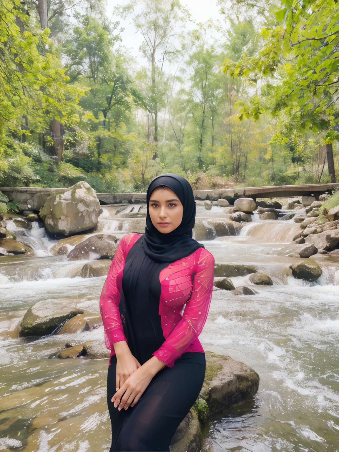 best quality)) ((masterpiece)), intricate detail, ((almost )), sharp focus, professional, realistic, real life, hyperreal, photorealistic, fine detail, best quality, very Detailed CG unity 8k, see through dress, tight dress , perfect body, transparent dress,big breasts, hijab girl , transparent thighs , full body transparent