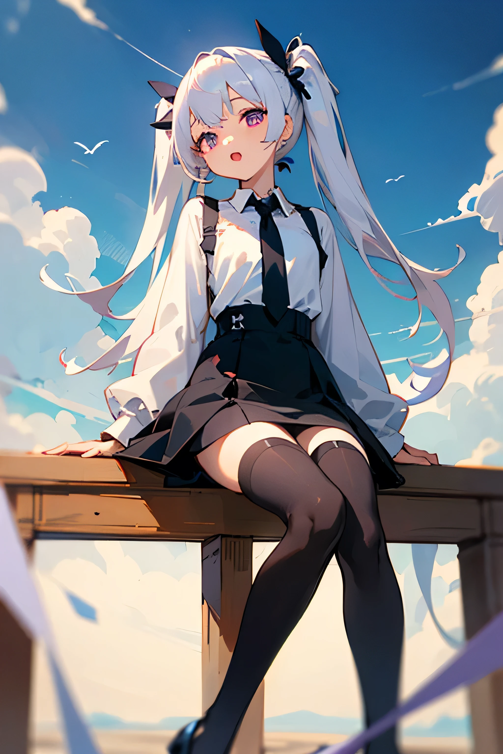 ((Best quality)), ((masterpiece)), ((detailed)), (smile:o), white hair, long hair, twin tail, purple eye, black dress and white shirt on top, black necktie, (1girl), black stocking, sit, clear sky