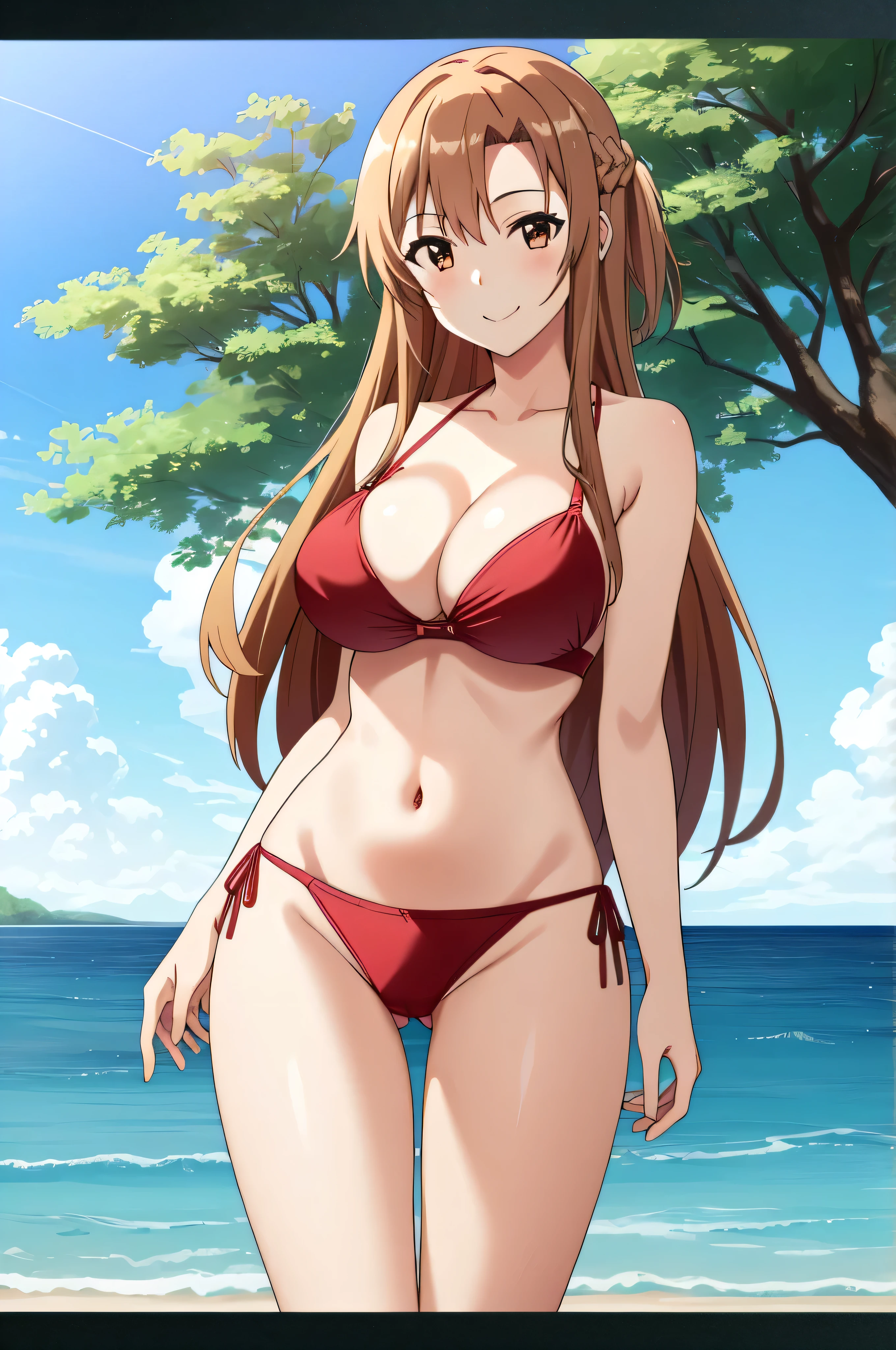 (masterpiece, best quality), 4K, intricate details,
1girl,  yuuki asuna, kizukiai, brown hair, brown eyes, big breasts, long hair, braid, asuna, 1girl, solo, long_hair, breasts, looking_at_viewer, smile, brown_hair, beach, ocean, island, outdoors, bright sky, sunny, clear sky, red bikini, two piece bikini, thong panties, red thong, bare shoulders, cleavage, nice breasts, skinny, slim waist, nice thighs, big ass, large ass, round ass, nice ass, cameltoe, tall legs, showing ass, big ass, full frame, uppder body in frame, cowboy shot, portrait 
