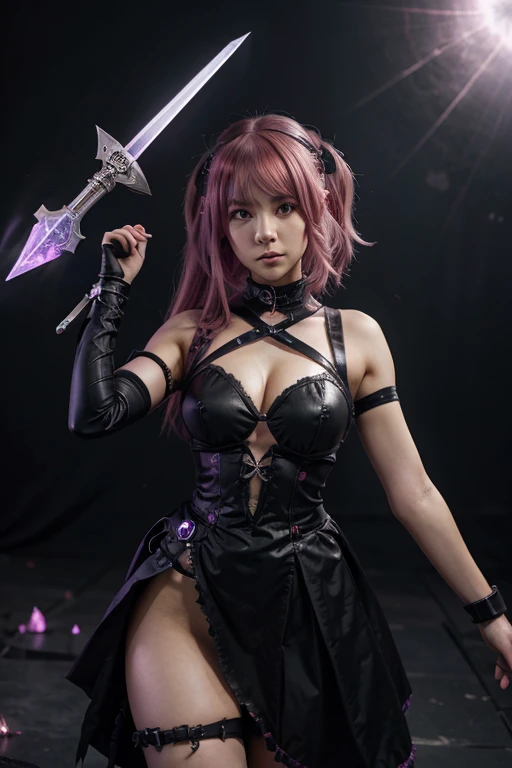 A woman wearing anime-style, cyberpunk, revealing clothes slashes with a sword.
