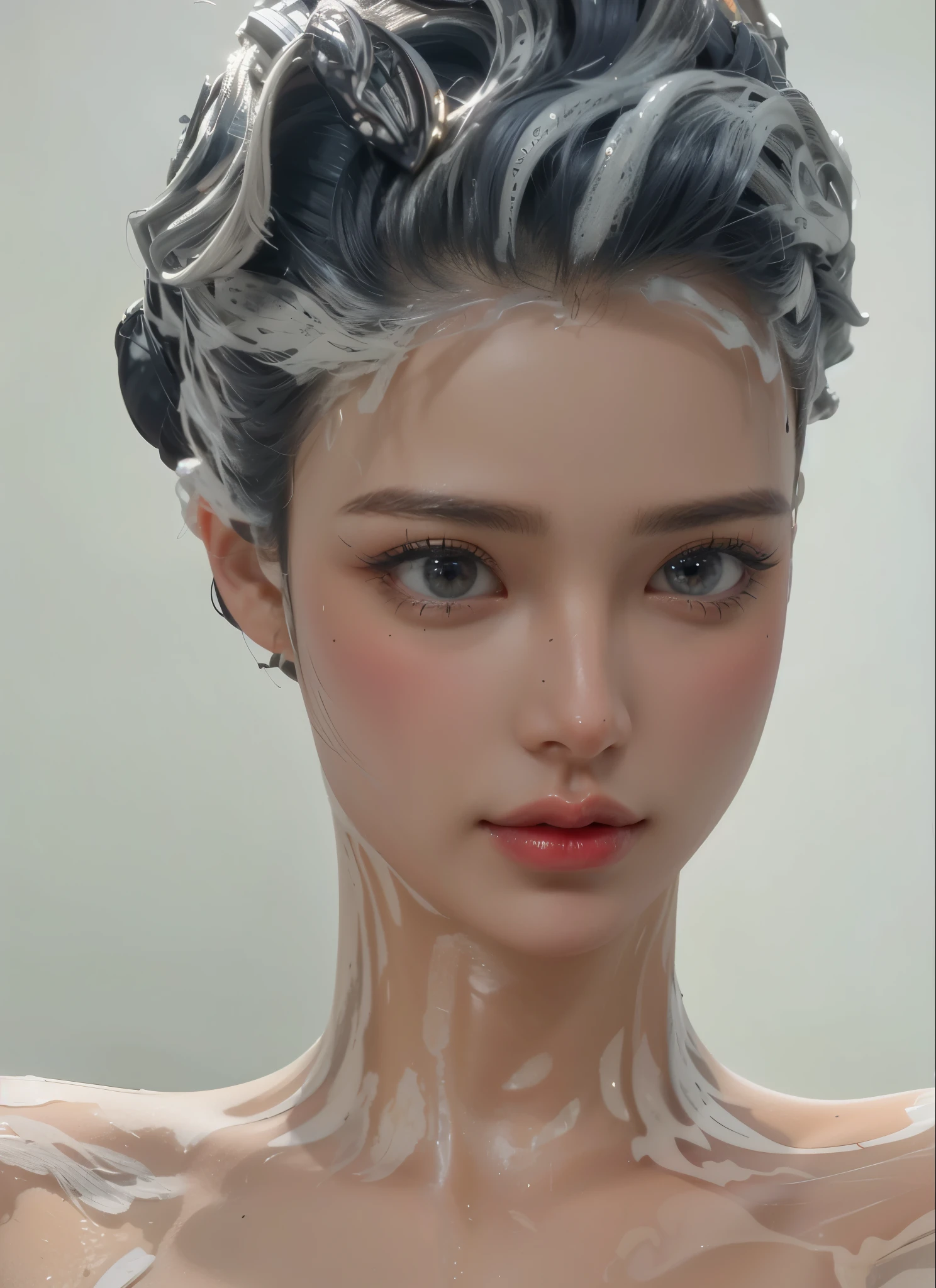 Game Art,CG Animation,Best image quality,Maximum resolution,8K picture quality,(A bust photo),(portrait),(Head close-up),(Rule of Thirds),Unreal Engine 5 rendering works,20 year old girl,((Queen)),The eyes are very detailed,(Large Breasts),Elegance and nobility,Light,Light线追踪,Game CG,((3D Unreal Engine)),OC rendering reflection mode,4k,Ultra-clear,Translucent lace,Fair and plump figure,Pretty Face,Light泽凝胶涂层,身着华贵礼服的Queen,Gorgeous clothing,Colorful makeup,Luxurious diamond necklace,Retro hairstyle,shampoo,Shower gel foam in hair