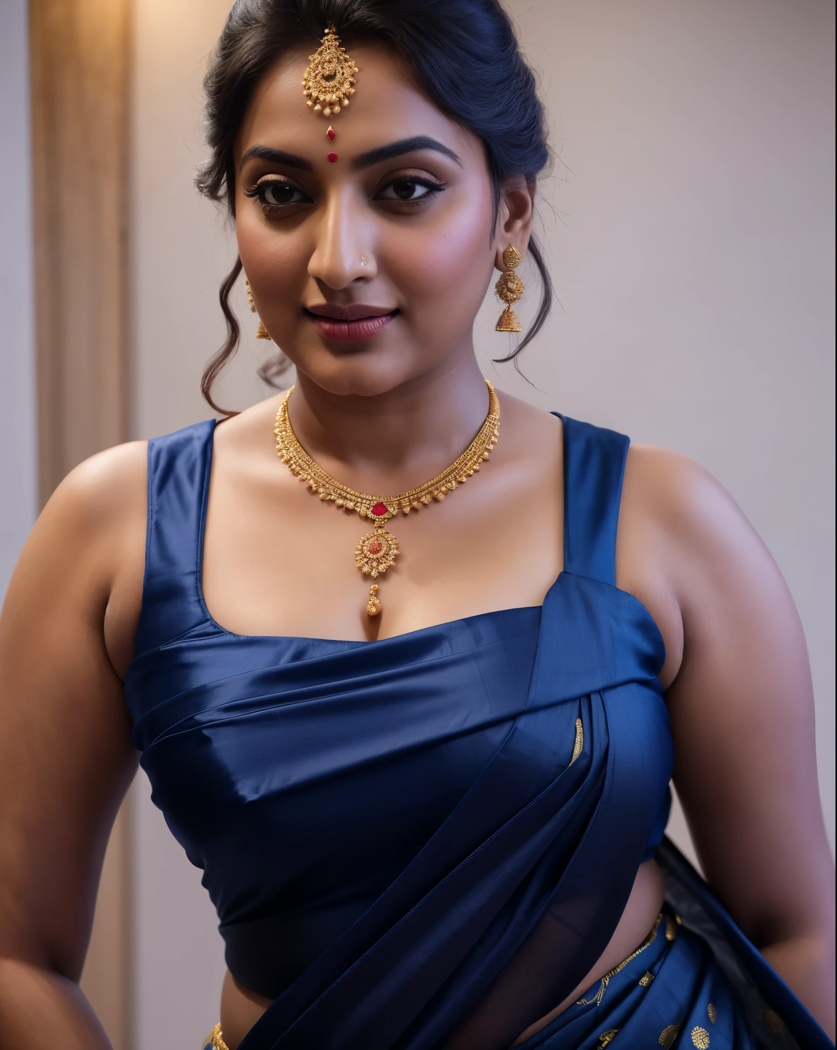 Foto RAW, photorealistic, photography, full body shot, master shot, perfect eyes, goddess like beauty, pierced eyes, perfect thick chubby mallu Desi aunty bhabhi, Wearing a Stanapatta, a chest-band.Saree model, model Photography, Indian saree shoot, Indian traditional wear advertising photography, traditional wear brand shoot, face of Indian actress Sonakshi Sinha, masterpiece, realistic, realism, incredible details, pleasure, photorealism, detailed skin, skin pores, high contrast, photorealistic Artstation 8k HD digital art trend of high definition and detailed realistic skin texture, ultra detail, realistic skin texture, armature, best quality, ultra high definition, (photorealistic:1.4),, high resolution, detail, raw photo, sweat, Re sharp, by Lee Jefferies Nikon D850 Film Stock Photo 4 Kodak Portra 400 Camera F1.6 Lens Rich Color Ultra Real Realistic Realistic Textures Dramatic Lighting Unreal Engine Trending at Art Station Cinestill 800,(pele altamente detalhada: 1.2), 8k UHD, DSLR, soft-lighting, alta qualidade, grain of film, Fujifilm XT3,she didn't like to wear blouse or bra, she is happy to wear only saree, she hates blouse or bra, detailed hairy armpits, hyper realistic skin, skin pores, sweat, veins,
