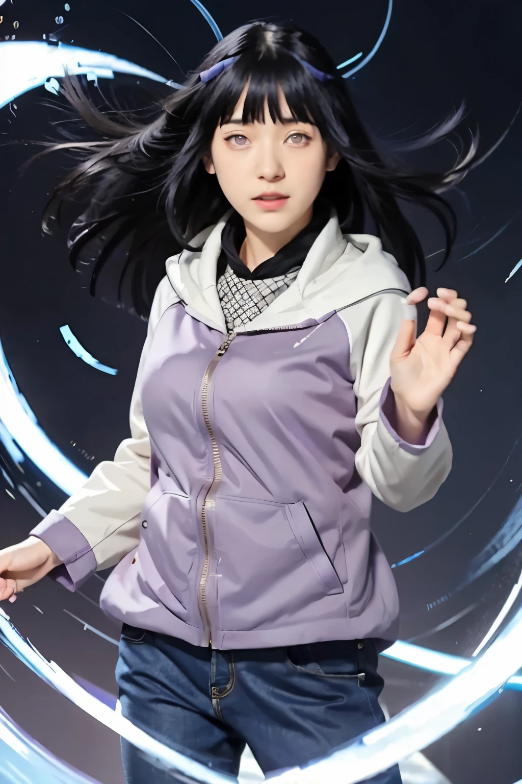 a girl in a purple jacket and black pants standing in front of a circular object, hinata hyuga, hinata hyuga from naruto, dark blue haired girl wearing hoodie, anime girl of the future, blunt bangs, purple eyes, pink lips, dynamic angle