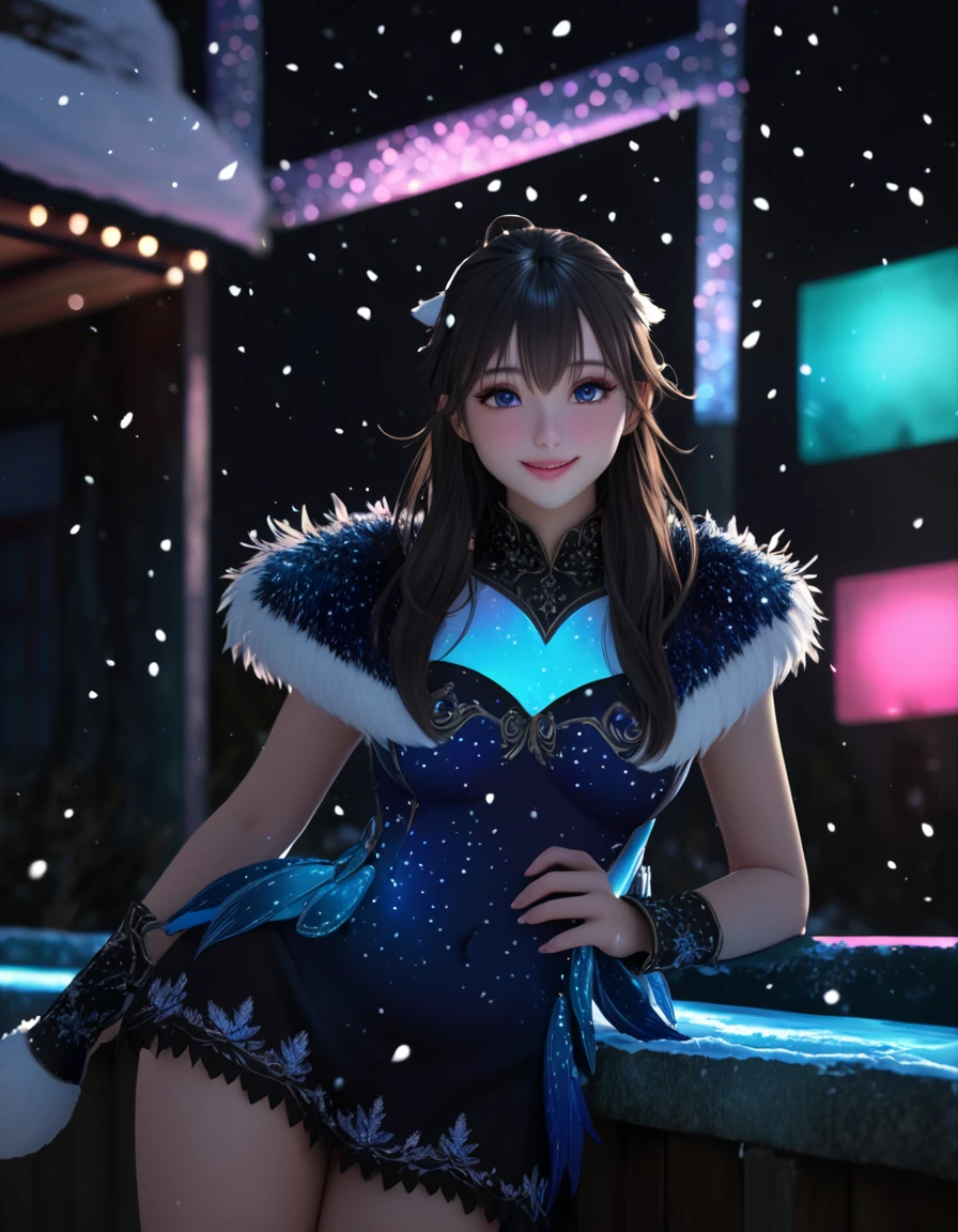 (best quality,4k,8k,highres,masterpiece:1.2),ultra-detailed,(realistic,photorealistic,photo-realistic:1.37),sexy female cosplay penguin costume, in snow,anime style,smooth transitions,bright colors,soft lighting,frozen landscape,cold winter night,sparkling stars,playful expression,snowflakes swirling around,ice crystals on feathers,delicate lace details,feathered wings,furry flippered feet,striking pose,showcasing curves,intricate embroidery on the costume,subtle shimmering sequins,fluffy faux fur trim,tiny bejeweled belly button,head held high with confidence,inquisitive eyes,mischievous smile,can't resist her charm,standing on a snowy mound,creating a picturesque scene,a fantasy world brought to life.
