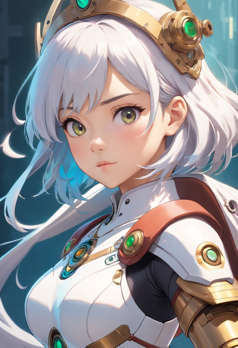 princess cyberninja,Asian,photorealistic face,open neckline,beautiful angle,combat stance, laser,cyber armor in white,many small details,ultra detail,ultra Hd,8K,Style:Steampunk