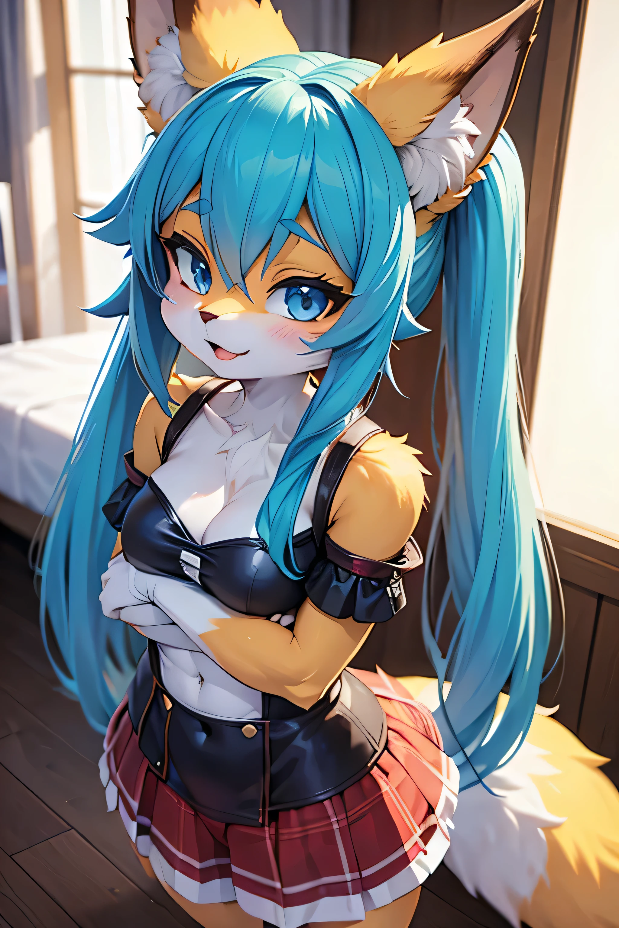 garota anime com cabelo azul e saia rosa com orelhas de gato, cabelo twintail azul e olhos ciano, 3d rendering of a cute anime girl, estilo anime 3d, Modelo de corpo inteiro Anime VTuber, garota de anime com orelhas de raposa, pele do corpo amarelo , furry garota, anime estilizado, anime foxgirl e catgirl,  gato anime muito linda, personagem de estilo anime, garota gato atraente (melhor qualidade)