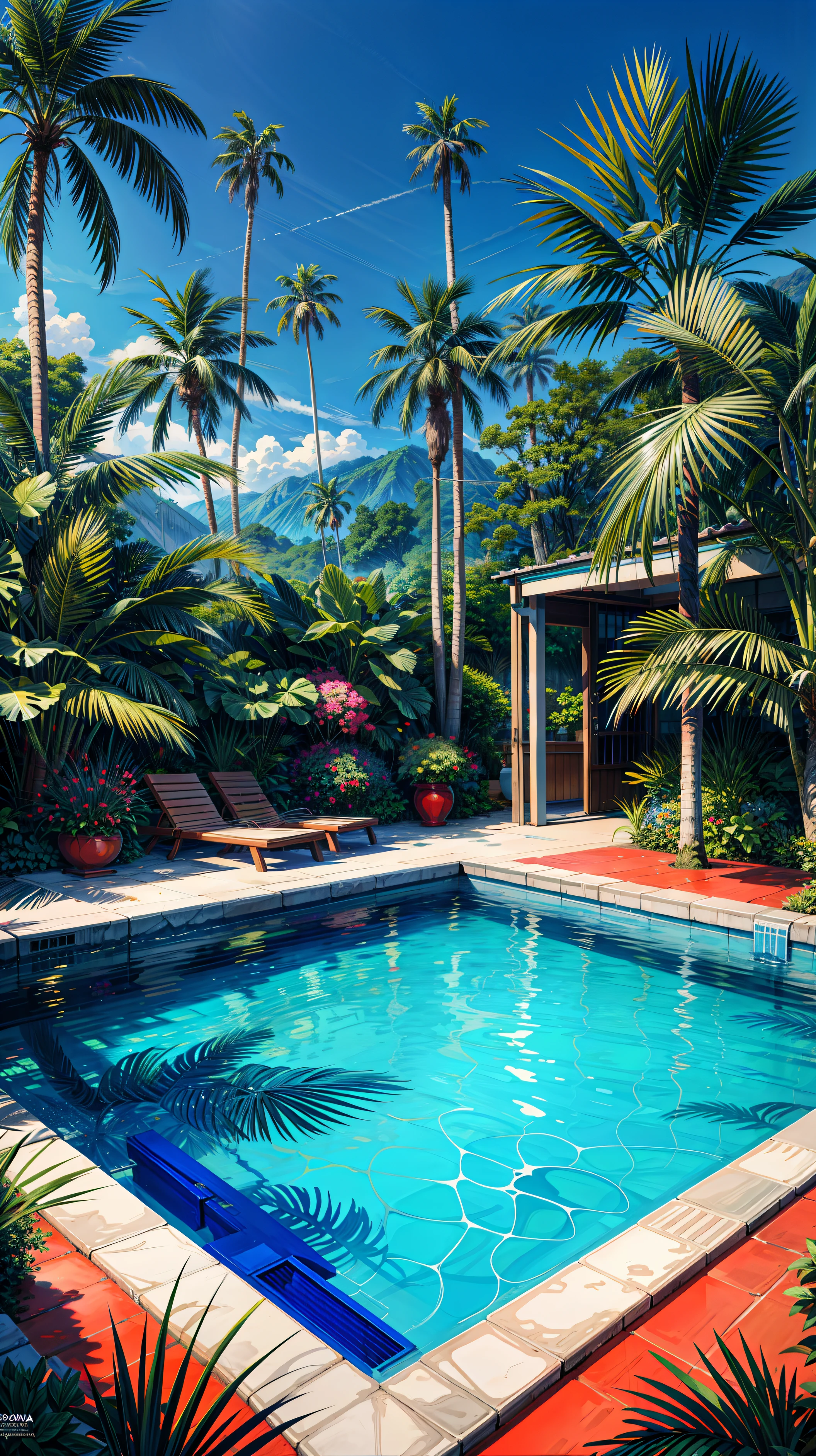 une peinture d'a swimming pool surrounded by palm trees, par Howard Arkley, par Hiroshi Nagai, par Edward Okuń, par John Wonnacott, par David Hockney, tropicalisme, paradis very detailed, cadre tropical, Shusei Nagaoka, warm and sunny, very detailed, inspired par Howard Arkley, par Bob Thompson, piscine tropicale, 4K HD, bel art uhd 4k, une belle illustration d'work of'art, beautiful digital painting, peinture numérique very detailede, belle work of'digital art, detailed painting 4 k, peinture numérique very detailede, riches couleurs pittoresques, Magnificent digital painting