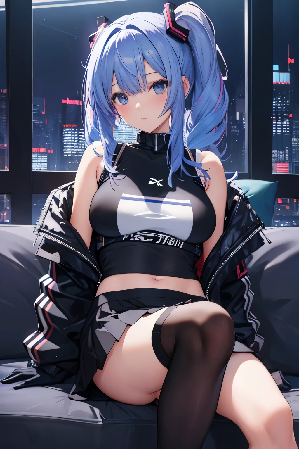 Cat girl with a pretty and cute face but not innocent, long black fur, She has good physical attributes such as big breasts, great tresero and a beautiful hip, with big thighs, bright eyes that match the color of his black Adidas vest with blue stripes, She has provocative clothes that highlight her big hips and big thighs., The background is of a cyberpunk type city with many LED lights