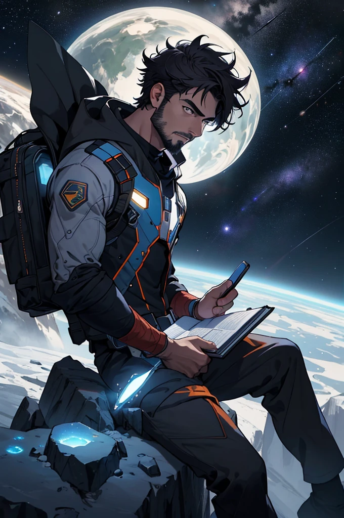 Draw a young programmer, sitting on a research platform floating in the middle of an asteroid belt. He is studying with a notebook, surrounded by several asteroids glowing with fiery auras. Dramatic lighting from distant stars and planets illuminates the scene, casting deep shadows on the suit. The young man looks confident and determined, looking at the vast and mysterious universe with wonder and respect,facial hair, cowboy shot,