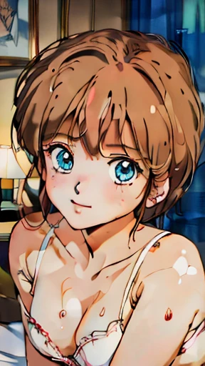 (8K, anime, manga, highest quality, masterpiece:1.2), (intricate details), perfect eyes, perfect face, perfect lighting, beautiful, (masterpiece:1.2), (highest quality:1.2), 1 girl, alone, marinette, blush, cute smile,underwear,sit on the bed,Sweat,nsfw,lingerie,naked,((whole body)),(big ass)、(small breasts)、(thick thighs)、from front, facing the front, looking at viewer, straight-on