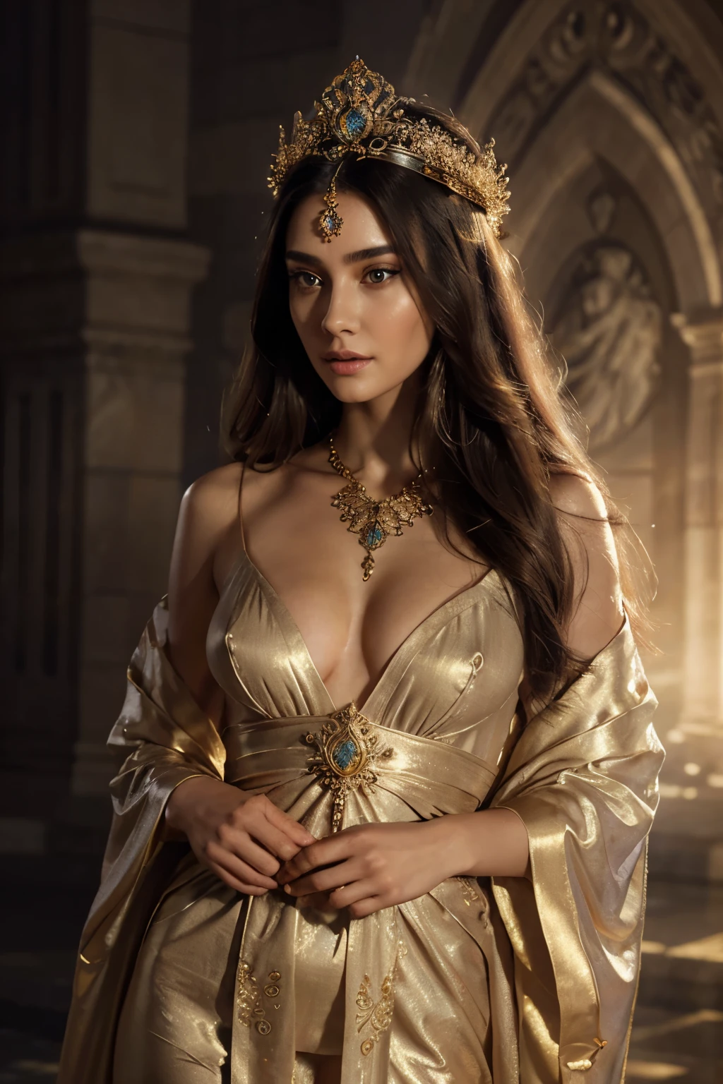 a majestic goddess, full body portrait, flowing robes, serene expression, goddess-like figure, glowing skin, beautiful detailed eyes, beautiful detailed lips, extremely detailed face, long elegant neck, ornate jewelry, intricate headdress, ethereal and divine presence, dramatic lighting, cinematic composition, muted color palette, oil painting, masterpiece, hyper realistic, award winning digital art