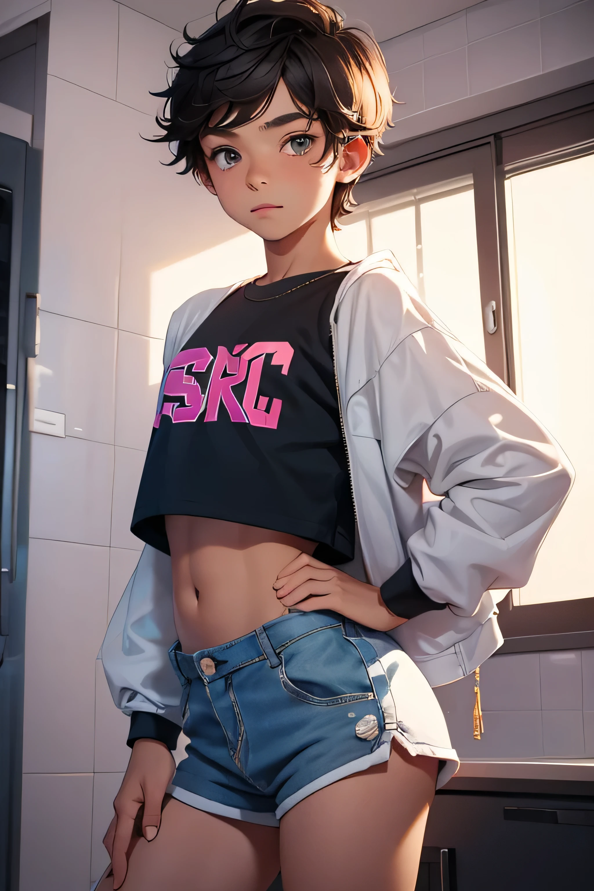 , boy wears a crop shirt and too very short mini shorts, boy flirty posing, high quality,