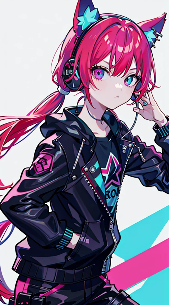 masutepiece, Best Quality, Colorful, Teenager with colorful pigtails wearing detailed leather jacket and anime t-shirt touching translucent panels, In dark voids filled with small strong light particles, Jacket from the shoulder, Front floating screen, Dramatic viewing angles, Dynamic Pose, (Close-up of face focus:1.2), Detailed headphone earrings cat with neon ears, Contrasty, Colorful hair, color combination, Bright, Red hair, Blue hair See all Depth of field, High resolution, high intricate detailed, Dramatic shadows, Global Illumination