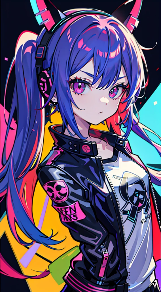 masutepiece, Best Quality, Colorful, ager with colorful pigtails wearing detailed leather jacket and anime t-shirt touching translucent panels, In dark voids filled with small strong light particles, Jacket from the shoulder, Front floating screen, Dramatic viewing angles, Dynamic Pose, (Close-up of face focus:1.2), Detailed headphone earrings cat with neon ears, Contrasty, Colorful hair, color combination, Bright, Red hair, Blue hair See all Depth of field, High resolution, high intricate detailed, Dramatic shadows, Global Illumination