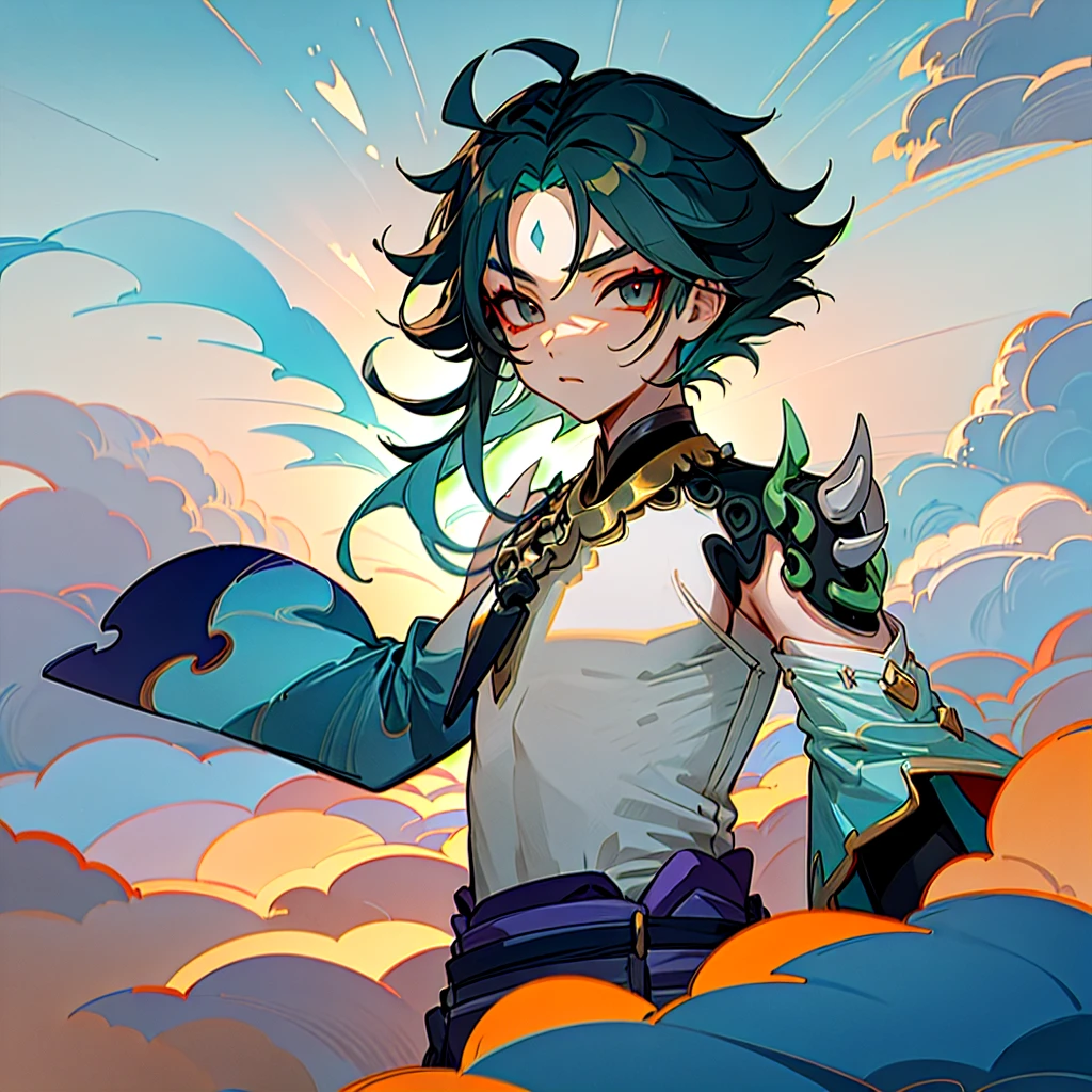 (masterpiece), (best quality), xiao, xiao (genshin impact), boy,solo,upper body, looking at viewer, overcast sky, clouds, sunset, oriental patterns