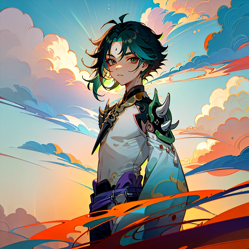 (masterpiece), (best quality), xiao, xiao (genshin impact), boy,solo,upper body, looking at viewer, overcast sky, clouds, sunset, oriental patterns
