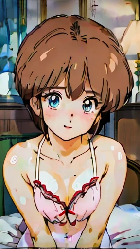 (8K, anime, manga, highest quality, masterpiece:1.2), (intricate details), perfect eyes, perfect face, perfect lighting, beautiful, (masterpiece:1.2), (highest quality:1.2), 1 girl, hiyama Hikaru, alone, blush, cute smile,underwear,sit on the bed,Sweat,nsfw,lingerie,naked,((whole body)),(big ass)、(small breasts)、(thick thighs)、from front, facing the front, looking at viewer, straight-on