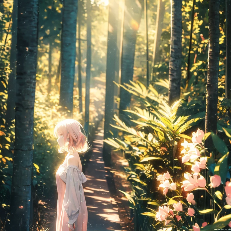 (8k), (masterpiece), (best quality), (super details), (award winning), (game illustration), lens flare, glowing light, woman in a pink dress standing in the woods, modeling shoot, beautiful girl, (beautiful face:0.8), slender blonde girl, fashion photography portrait, pale skin curly blond hair, (off shoulder), (small breast)