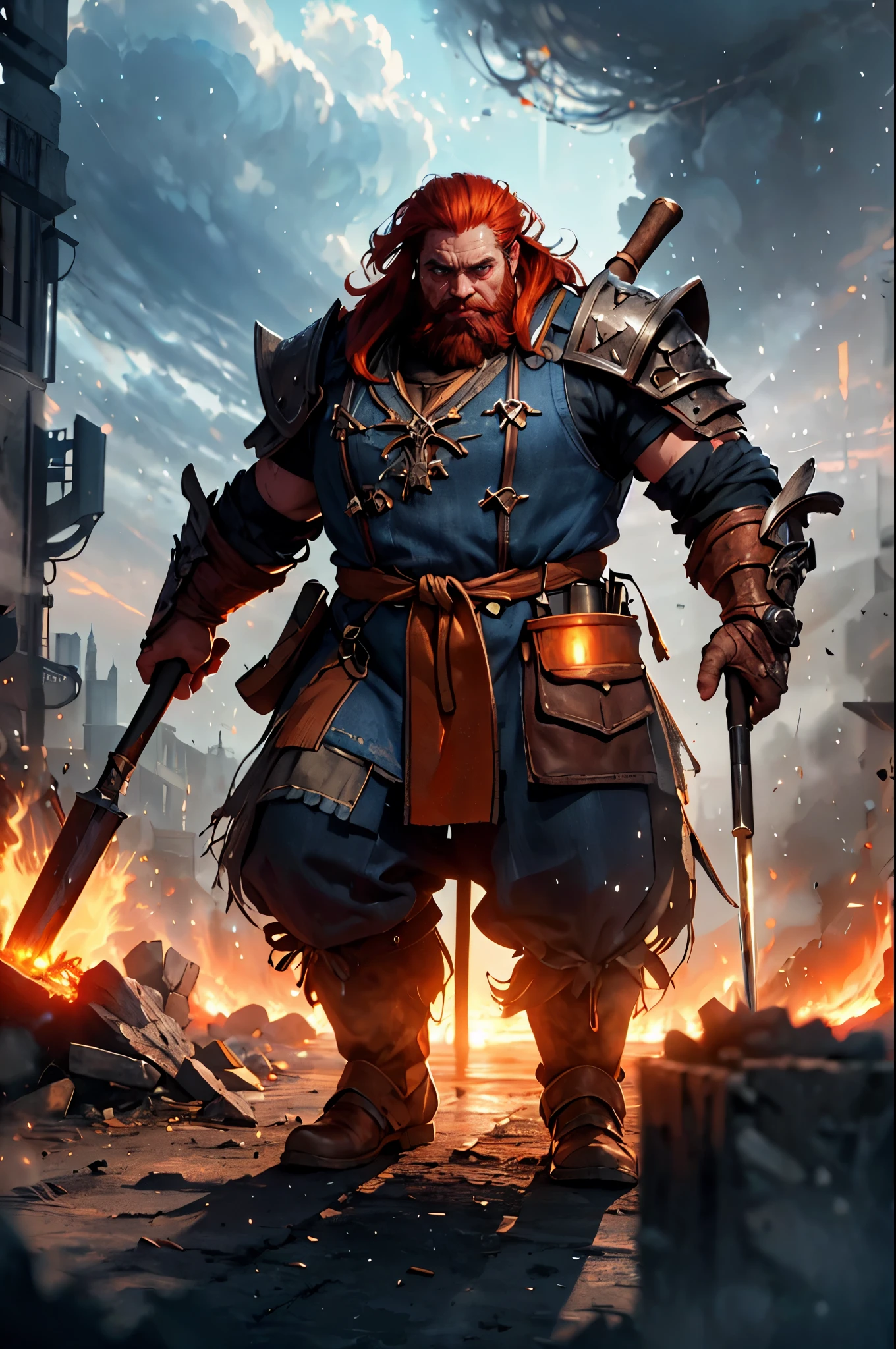 steampunk, high details, best quality, 16k, [ultra detailed], masterpiece, best quality, (extremely detailed), full body, ultra wide shot, photorealistic, fantasy art, RPG art, D&D art, a picture of a dwarf working at his forge (intense details, Masterpiece, best quality), fantasy male dwarf (intense details, Masterpiece, best quality),(intense details, Masterpiece, best quality), red hair, dynamic eyes color, ultra detailed face (intense details, Masterpiece, best quality), long beard, red beard, moscular arms, wearing smith apron, holding a hammer in hand, hammer has mgical runes, shining GlowingRunes_yello yellowe runes (intense details, Masterpiece, best quality), working the forge (intense details, Masterpiece, best quality), fiery forge (intense details, Masterpiece, best quality), crafting magical metalic weapon, dwarven smithy and fiery forge background, shadow and light of a fiery orange (intense details, Masterpiece, best quality), High Detail, Ultra High Quality, High Resolution, 16K Resolution, Ultra HD Pictures, Ultra Realistic, Clear Details, Realistic Detail, Ultra High Definition, 