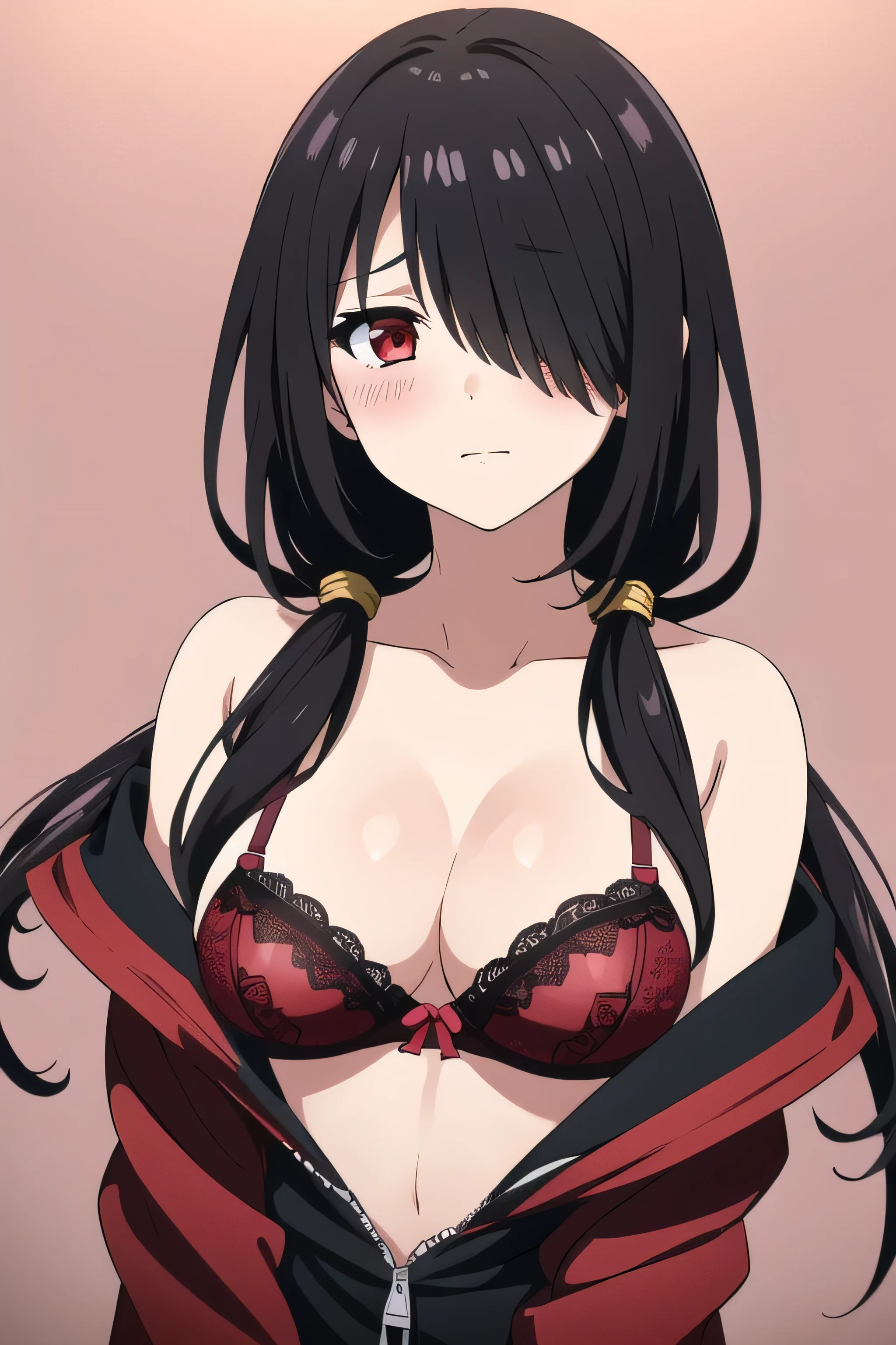 1girl, masterpiece, high quality, medium breast, bright breasts, safe, shining , blush face, cleavage, standing, tokisaki kurumi, black hair, low twintails, (hair over one eye:1.5), (red eyes:1.2), wet white jacket, black lace bra, showing her bra, show bra, close the camera