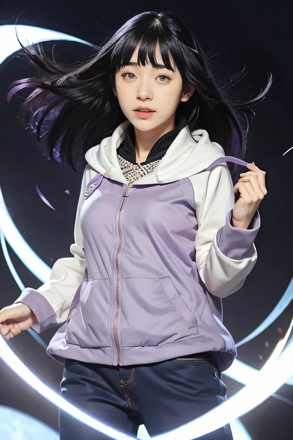 a girl in a purple jacket and black pants standing in front of a circular object, hinata hyuga, hinata hyuga from naruto, dark blue haired girl wearing hoodie, anime girl of the future, blunt bangs, purple eyes, pink lips, dynamic angle