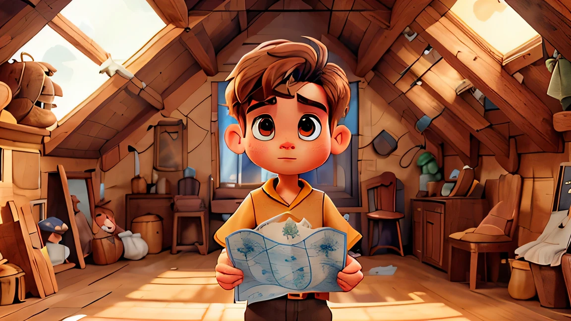 Image of Lucas holding an old map in the attic. He has a look of curiosity on his face, rays of light come in through the windows, illuminating the scene. The attic is full of dust and cobwebs, with old wooden beams.