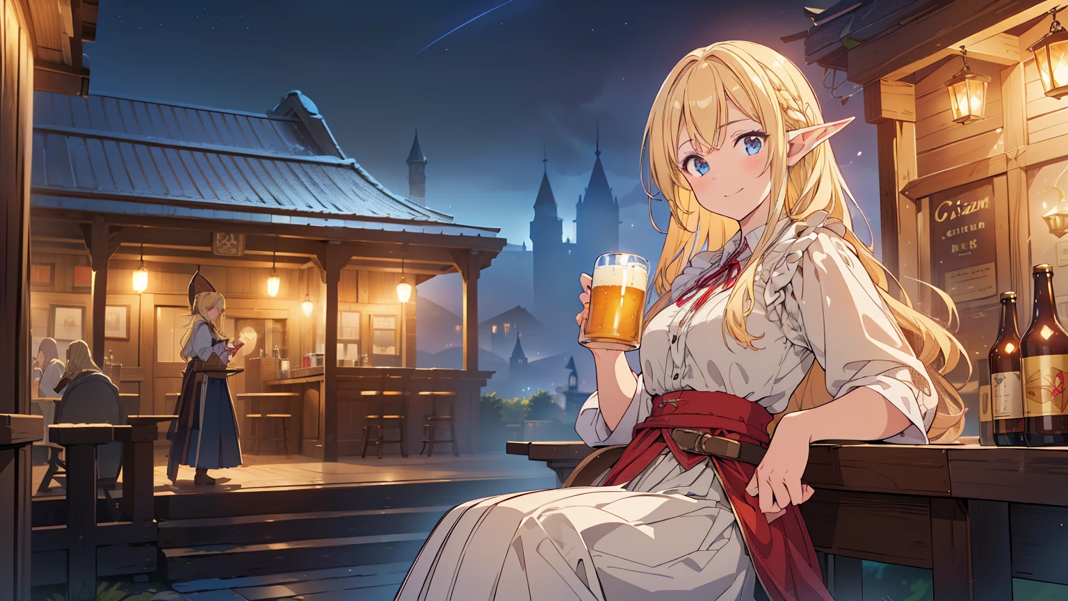 ((Top quality, 4k, 8k, high resolution, masterpiece: 1.2))), (super detailed), (realistic), (photorealistic), (photorealistic: 1.37), (HDR, UHD), (studio (lighting), ultra-fine drawing, sharp focus, physically based rendering, highly detailed, professional, vibrant colors, fantasy, medieval europe, tavern, old tavern in the countryside, seating, (((night))), (((dim))), medieval clothing, citizen's rags, long skirt, smile, girl clerk made of wood carrying beer mugs in both hands, long hair, blonde, elf, pointed ears,