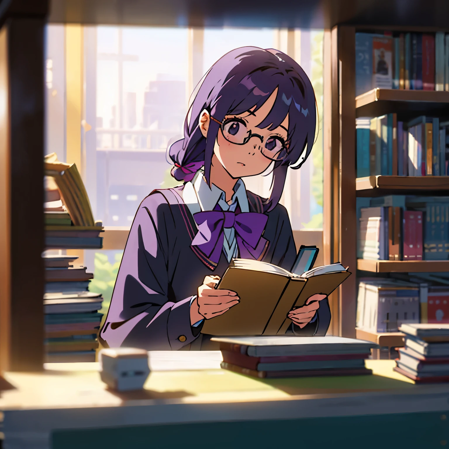 PRETTY SCHOOL GIRL, READING A BOOK, WEAR A CHASHMA, IN LIBRARY, ALL BODY, PURPLE HAIR, BLACK EYES, MASTERPIECE, SUPER DETAIL.