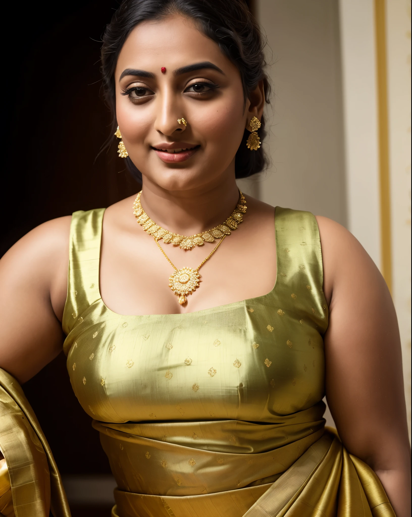 Foto RAW, photorealistic, photography, full body shot, master shot, perfect eyes, goddess like beauty, pierced eyes, perfect thick chubby mallu Desi aunty bhabhi, Wearing a Stanapatta, a chest-band.Saree model, model Photography, Indian saree shoot, Indian traditional wear advertising photography, traditional wear brand shoot, face of Indian actress Sonakshi Sinha, masterpiece, realistic, realism, incredible details,  pleasure, photorealism, detailed skin, skin pores, high contrast, photorealistic Artstation 8k HD digital art trend of high definition and detailed realistic skin texture, ultra detail, realistic skin texture, armature, best quality, ultra high definition, (photorealistic:1.4),, high resolution, detail, raw photo, sweat, Re sharp, by Lee Jefferies Nikon D850 Film Stock Photo 4 Kodak Portra 400 Camera F1.6 Lens Rich Color Ultra Real Realistic Realistic Textures Dramatic Lighting Unreal Engine Trending at Art Station Cinestill 800,(pele altamente detalhada: 1.2), 8k UHD, DSLR, soft-lighting, alta qualidade, grain of film, Fujifilm XT3,she didn't like to wear blouse or bra, she is happy to wear only saree, she hates blouse or bra, detailed hairy armpits, hyper realistic skin, skin pores, sweat, veins, 