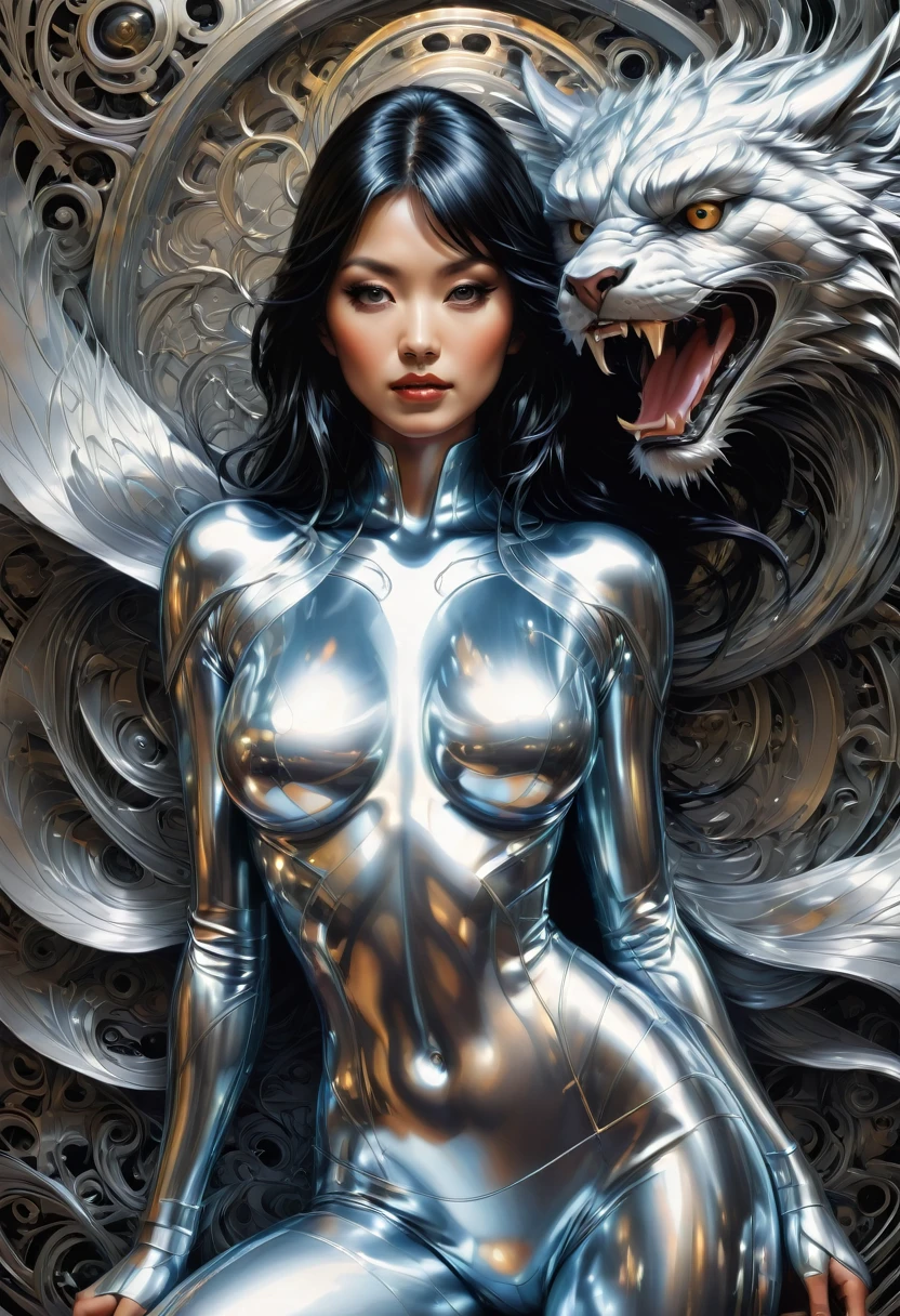 made of liquid metal, by Frank Cho, best quality, masterpiece, very aesthetic, perfect composition, intricate details, ultra-detailed