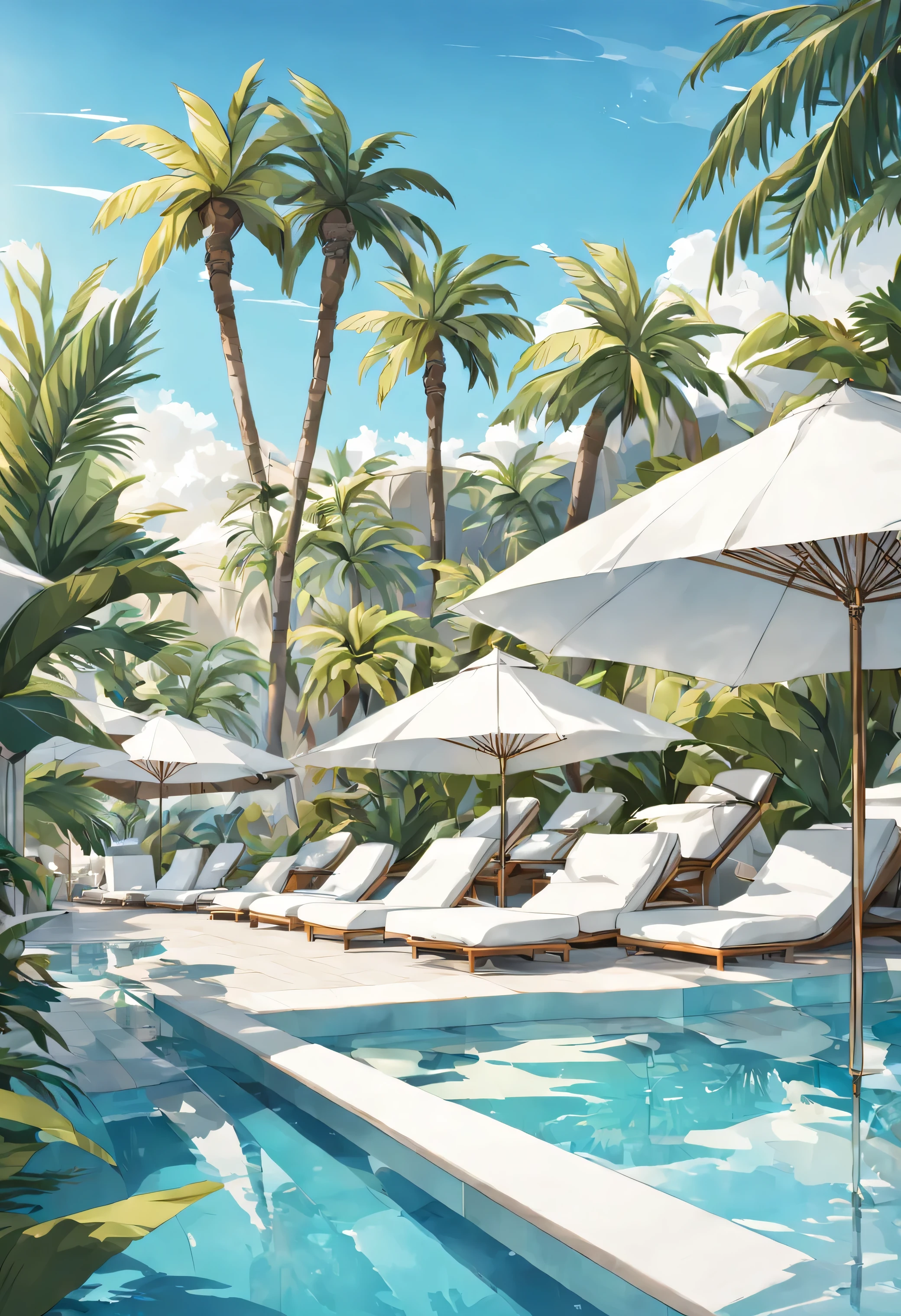 Un luxueux coin salon au bord de la piscine dans un complexe 5 étoiles. Cabanes blanches, parasols, Chaises longues. Sparkling pool, palmiers, fleurs tropicales. relaxation, Luxe, oasis.
