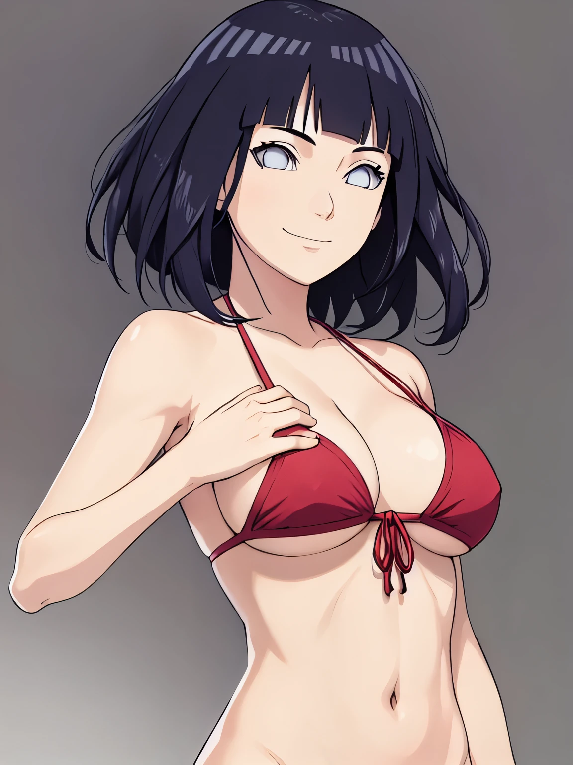 (hinata\(boruto\), (high quality, upper body view only, anime, tall woman, perfect hand anatomy, red bikini, off-shoulders, little biceps, long belly, smile), ((extremely strong)), ((void)), (medium-big breasts, cleavage), closed mouth), (posing for the viewer), pale skin, ((floating hair, dark blue, short hair, hime cut، loose hair), (background: simple white background only), (background: simple white background only)
