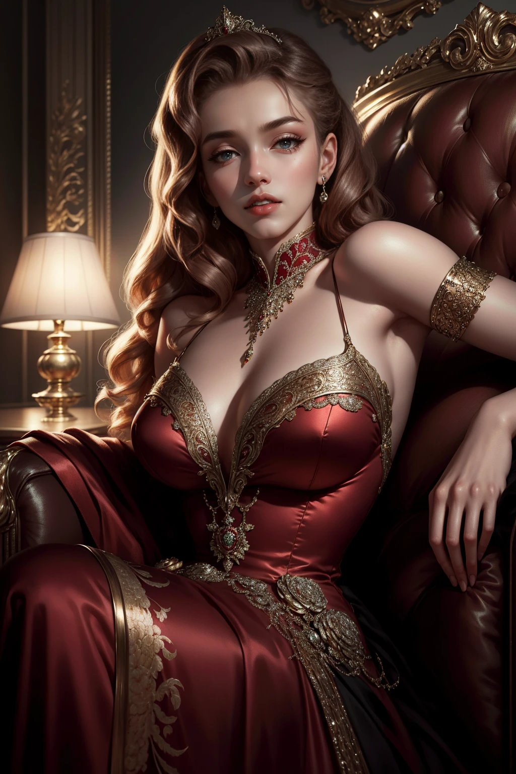 (Masterpiece - Ultra-Detailed, High Resolution) Prepare to be enchanted by a true masterpiece that combines ultra-detailed art with high-resolution rendering. This work shows a mesmerizing woman, with long, brown hair, 1950s style, Marilyn Monroe (1.3) and captivating dark brown eyes (1.2), (brown eyes). New York illustration style, wearing red lipstick, emanating an aura of elegance and mystery. Wearing classic 1950s clothing. Intricate details and realistic textures invite you to explore every aspect of this enchanting composition. Victorian dress. , dynamic poses, closed mouth. Different posture. Very classic, sitting on the sofa. Get ready to dive into a world where beauty and craftsmanship merge perfectly. Upper body.