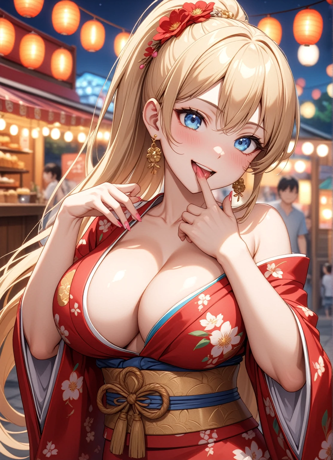 ((One girl)), Beautiful smile,Very happy expression,Open your mouth wide,Glossy Lips,Abstract, night,Festival food stalls, ((Anime style background)),masterpiece, highest quality, so beautiful, Absurd, up to date, Complex details, Pink long nails,AI-generated, Complex,High resolution, highest quality, super high quality,3D Images、View the viewers、3D Images,one person,Long Blonde Hair,High Ponytail,blue eyes,Anime woman posing for a photo, [[Fine grain、Colorful eyes、Shining Eyes:1.15]],(Squint your eyes:1.1),a hyperRealistic , hyperRealistic , Realistic , Blonde anime woman with long hair, Smooth anime CG art, A woman in a colorful kimono with gold embroidery, red floral kimono,Gorgeous kimono,Flower Hair Ornaments,Earrings,(Large Breasts:1.3),Mature Body,tall,Big Ass,Fine details,Abdominal muscles,Tilt your face,Licking your fingers