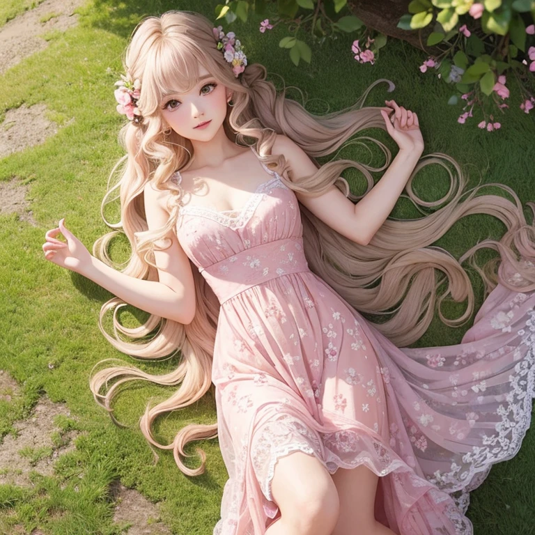 Chalk art. Fullbody image. Whimsical image of a beautiful wowan. Curly waves hair. Wearing floral lace flowing dress. Pink peach blossom backgroundm