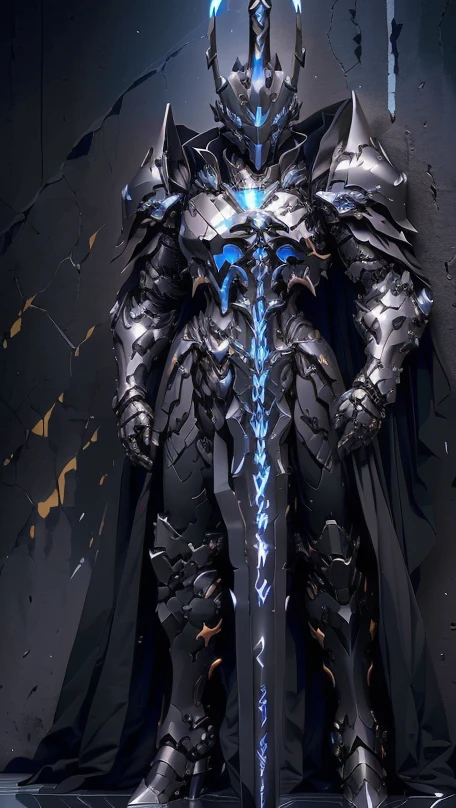 arafed knight in armor standing in a dark room with a sword, black fire color reflected armor, cyberpunk flame suit, berserk skullknight black armor, heavy metal armor, cybernetic flame armor, black heavy armor, corrupted armor, cybernetic fire armor, full body x-force outfit, heavy black obsidian armor, spiked scrap metal armor