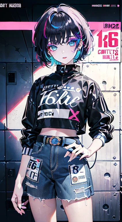 ((mixed colors hair)), bright lighting, masterpiece,1girll, ((short hair)), ((-yeld fee model)), (((cowboy shot)) 2D, detailed eyes, ((Text)), tile, cover, bold, attention-grabbing, title, stylish, ((font)), catchy, headline, beautiful eyes, eyes focus, detailed hands, ((better fingers)),